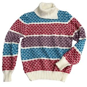 Vintage 80s / 90s Ivory Cream Acrylic Blend Brick Stripe Turtleneck Knit Sweater